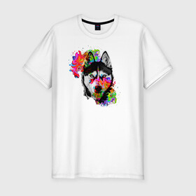 Мужская футболка хлопок Slim с принтом собака с торчащими ушами в Санкт-Петербурге, 92% хлопок, 8% лайкра | приталенный силуэт, круглый вырез ворота, длина до линии бедра, короткий рукав | белый | добрый | красивый | краски | собака | хаски | цвет | цветной | черный