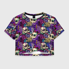 Женская футболка Crop-top 3D с принтом Психоделика - черепа и грибы в Санкт-Петербурге, 100% полиэстер | круглая горловина, длина футболки до линии талии, рукава с отворотами | абстракция | грибы | паттерн | психоделика | текстуры | цветы | череп | черепа