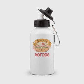 Бутылка спортивная с принтом Delicious Hot Dog в Санкт-Петербурге, металл | емкость — 500 мл, в комплекте две пластиковые крышки и карабин для крепления | burgers | delicious | hot dog | вредная еда | еда