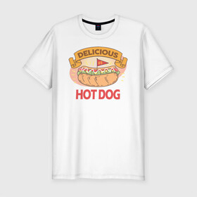 Мужская футболка хлопок Slim с принтом Delicious Hot Dog в Санкт-Петербурге, 92% хлопок, 8% лайкра | приталенный силуэт, круглый вырез ворота, длина до линии бедра, короткий рукав | Тематика изображения на принте: burgers | delicious | hot dog | вредная еда | еда