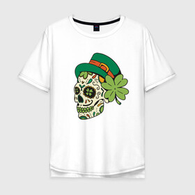 Мужская футболка хлопок Oversize с принтом Череп в стиле Святого Патрика в Санкт-Петербурге, 100% хлопок | свободный крой, круглый ворот, “спинка” длиннее передней части | Тематика изображения на принте: calavera | clover | ireland | irish | kiss me im irish | lucky | muertos | skulls | st patrick | sugar skull | день мёртвых | день святого патрика | ирландец | ирландия | калавера | клевер | сахарный череп | удача | череп в шляпе | черепа | чет