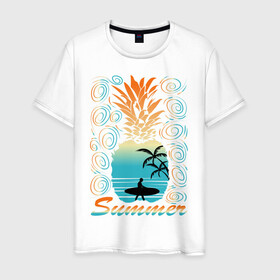 Мужская футболка хлопок с принтом ЛЕТО в Санкт-Петербурге, 100% хлопок | прямой крой, круглый вырез горловины, длина до линии бедер, слегка спущенное плечо. | beach | holiday | print | sea | summer | sun | surf | ананас | лето | море | острова | отдых | отпуск | пальмы | пейзаж | песок | пляж | серфинг | солнце