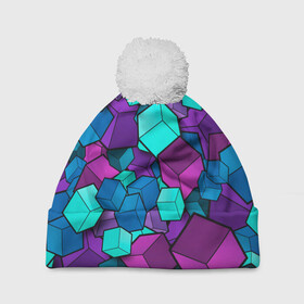 Шапка 3D c помпоном с принтом СИРЕНЕВЫЕ КУБЫ в Санкт-Петербурге, 100% полиэстер | универсальный размер, печать по всей поверхности изделия | blue | cube | geometry | геометрия | квадраты | кубики | кубы | паттерн | синий | сиреневый | текстуры | фиолетовый