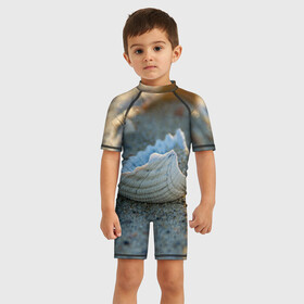 Детский купальный костюм 3D с принтом Морская ракушка в Санкт-Петербурге, Полиэстер 85%, Спандекс 15% | застежка на молнии на спине | Тематика изображения на принте: морская | морские | песок | пляж | пляжный | ракушка | ракушки