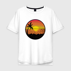Мужская футболка хлопок Oversize с принтом Закат солнце на пляже в Санкт-Петербурге, 100% хлопок | свободный крой, круглый ворот, “спинка” длиннее передней части | beach | club | palm | party | sea | summer | tropical | волны | жара | закат | летние | лето | море | пальмы | пляж | тропический