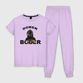 Женская пижама хлопок с принтом Добер Bober в Санкт-Петербурге, 100% хлопок | брюки и футболка прямого кроя, без карманов, на брюках мягкая резинка на поясе и по низу штанин | bober | dober | добер | доберман | собака | щенок