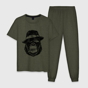 Мужская пижама хлопок с принтом Gorilla в Санкт-Петербурге, 100% хлопок | брюки и футболка прямого кроя, без карманов, на брюках мягкая резинка на поясе и по низу штанин
 | горилла | обезьяна | очки | шляпа