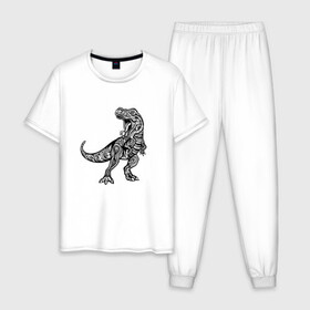 Мужская пижама хлопок с принтом Тираннозавр узор Мандала в Санкт-Петербурге, 100% хлопок | брюки и футболка прямого кроя, без карманов, на брюках мягкая резинка на поясе и по низу штанин
 | art | ethnic | grunge | mandala | pattern | pop culture | rex | science | t rex | tribal | tyrannosaurus rex | vintage | арт | вензеля | винтаж | гранж | динозавр | наука | паттерн | популярная культура | теропод | ти рекс | тиранозавр | тирекс | хищник |