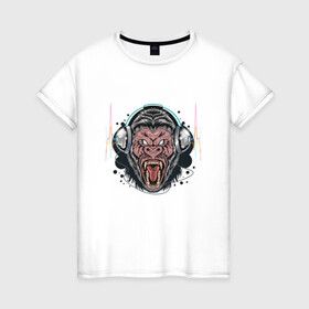 Женская футболка хлопок с принтом Gorilla Music в Санкт-Петербурге, 100% хлопок | прямой крой, круглый вырез горловины, длина до линии бедер, слегка спущенное плечо | gorilla | music | дикая горилла | животные | наушники