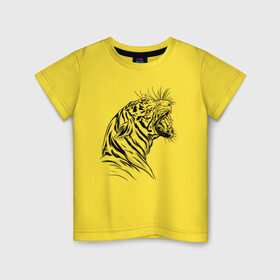 Детская футболка хлопок с принтом Чёрно белый рисунок тигра в Санкт-Петербурге, 100% хлопок | круглый вырез горловины, полуприлегающий силуэт, длина до линии бедер | art | black and white | hunter | pantera | panthera | predator | russian tiger | tiger | амурский тигр | большая киса | большая кошка | иллюстрация | красная книга | охотник | пантера | полосатый тигр | русский тигр | рык