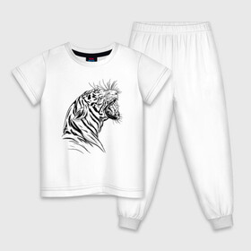 Детская пижама хлопок с принтом Чёрно белый рисунок тигра в Санкт-Петербурге, 100% хлопок |  брюки и футболка прямого кроя, без карманов, на брюках мягкая резинка на поясе и по низу штанин
 | Тематика изображения на принте: art | black and white | hunter | pantera | panthera | predator | russian tiger | tiger | амурский тигр | большая киса | большая кошка | иллюстрация | красная книга | охотник | пантера | полосатый тигр | русский тигр | рык