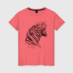 Женская футболка хлопок с принтом Чёрно белый рисунок тигра в Санкт-Петербурге, 100% хлопок | прямой крой, круглый вырез горловины, длина до линии бедер, слегка спущенное плечо | art | black and white | hunter | pantera | panthera | predator | russian tiger | tiger | амурский тигр | большая киса | большая кошка | иллюстрация | красная книга | охотник | пантера | полосатый тигр | русский тигр | рык