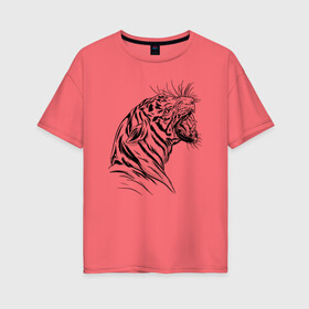 Женская футболка хлопок Oversize с принтом Чёрно белый рисунок тигра в Санкт-Петербурге, 100% хлопок | свободный крой, круглый ворот, спущенный рукав, длина до линии бедер
 | art | black and white | hunter | pantera | panthera | predator | russian tiger | tiger | амурский тигр | большая киса | большая кошка | иллюстрация | красная книга | охотник | пантера | полосатый тигр | русский тигр | рык