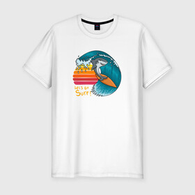 Мужская футболка хлопок Slim с принтом Акула серфер в Санкт-Петербурге, 92% хлопок, 8% лайкра | приталенный силуэт, круглый вырез ворота, длина до линии бедра, короткий рукав | Тематика изображения на принте: shark | surf | акула | акулы | жители | клыки | море | морские | океан | рыба | серфер