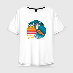Мужская футболка хлопок Oversize с принтом Акула серфер в Санкт-Петербурге, 100% хлопок | свободный крой, круглый ворот, “спинка” длиннее передней части | Тематика изображения на принте: shark | surf | акула | акулы | жители | клыки | море | морские | океан | рыба | серфер