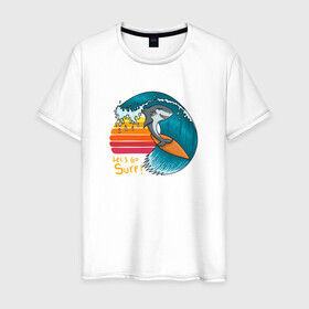 Мужская футболка хлопок с принтом Акула серфер в Санкт-Петербурге, 100% хлопок | прямой крой, круглый вырез горловины, длина до линии бедер, слегка спущенное плечо. | Тематика изображения на принте: shark | surf | акула | акулы | жители | клыки | море | морские | океан | рыба | серфер