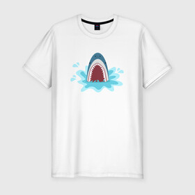 Мужская футболка хлопок Slim с принтом Акула из-под воды в Санкт-Петербурге, 92% хлопок, 8% лайкра | приталенный силуэт, круглый вырез ворота, длина до линии бедра, короткий рукав | shark | акула | акулы | жители | клыки | море | морские | океан | рыба