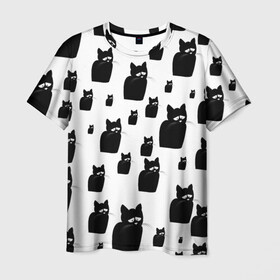 Мужская футболка 3D с принтом Принт из грустных черных котов в Санкт-Петербурге, 100% полиэфир | прямой крой, круглый вырез горловины, длина до линии бедер | грустный | кот | черный
