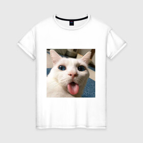 Женская футболка хлопок с принтом Мем про кота в Санкт-Петербурге, 100% хлопок | прямой крой, круглый вырез горловины, длина до линии бедер, слегка спущенное плечо | белый киса | кашель | кот | мем | мерзость | милый | прикол | эмоции