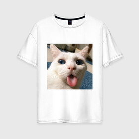 Женская футболка хлопок Oversize с принтом Мем про кота в Санкт-Петербурге, 100% хлопок | свободный крой, круглый ворот, спущенный рукав, длина до линии бедер
 | белый киса | кашель | кот | мем | мерзость | милый | прикол | эмоции