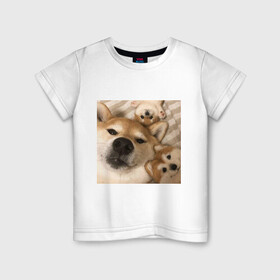 Детская футболка хлопок с принтом Мем про собак в Санкт-Петербурге, 100% хлопок | круглый вырез горловины, полуприлегающий силуэт, длина до линии бедер | Тематика изображения на принте: белый | игрушки мягкие | мем | милый | прикол | сиба ину | собака