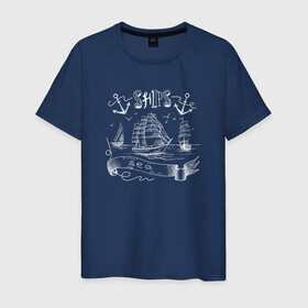 Мужская футболка хлопок с принтом Корабли в Санкт-Петербурге, 100% хлопок | прямой крой, круглый вырез горловины, длина до линии бедер, слегка спущенное плечо. | ships | whale | кит | киты | корабли | кораблики | море | морские | морское