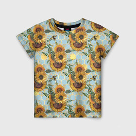 Детская футболка 3D с принтом Подсолнухи и пчёлы на голубом в Санкт-Петербурге, 100% гипоаллергенный полиэфир | прямой крой, круглый вырез горловины, длина до линии бедер, чуть спущенное плечо, ткань немного тянется | bee | bees | blue sky | fashion | flowers | flowers lovers | honey | sunflower | sunflowers | букет подсолнухов | весенние подсолнухи | голубое небо | жёлтые подсолнухи | летние подсолнухи | летние цветы | мёд | медовые соты