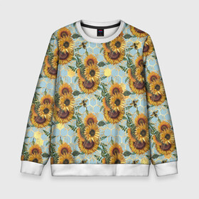 Детский свитшот 3D с принтом Подсолнухи и пчёлы на голубом в Санкт-Петербурге, 100% полиэстер | свободная посадка, прямой крой, мягкая тканевая резинка на рукавах и понизу свитшота | bee | bees | blue sky | fashion | flowers | flowers lovers | honey | sunflower | sunflowers | букет подсолнухов | весенние подсолнухи | голубое небо | жёлтые подсолнухи | летние подсолнухи | летние цветы | мёд | медовые соты