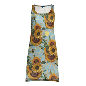Платье-майка 3D с принтом Подсолнухи и пчёлы на голубом в Санкт-Петербурге, 100% полиэстер | полуприлегающий силуэт, широкие бретели, круглый вырез горловины, удлиненный подол сзади. | bee | bees | blue sky | fashion | flowers | flowers lovers | honey | sunflower | sunflowers | букет подсолнухов | весенние подсолнухи | голубое небо | жёлтые подсолнухи | летние подсолнухи | летние цветы | мёд | медовые соты