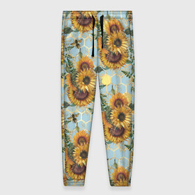 Женские брюки 3D с принтом Подсолнухи и пчёлы на голубом в Санкт-Петербурге, полиэстер 100% | прямой крой, два кармана без застежек по бокам, с мягкой трикотажной резинкой на поясе и по низу штанин. В поясе для дополнительного комфорта — широкие завязки | bee | bees | blue sky | fashion | flowers | flowers lovers | honey | sunflower | sunflowers | букет подсолнухов | весенние подсолнухи | голубое небо | жёлтые подсолнухи | летние подсолнухи | летние цветы | мёд | медовые соты