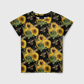 Детская футболка 3D с принтом Fashion Sunflowers and bees в Санкт-Петербурге, 100% гипоаллергенный полиэфир | прямой крой, круглый вырез горловины, длина до линии бедер, чуть спущенное плечо, ткань немного тянется | Тематика изображения на принте: black | fashion | flowers | flowers lovers | sunflower | sunflowers | букет подсолнухов | весенние подсолнухи | жёлтые подсолнухи | летние подсолнухи | летние цветы | насекомые | подсолнечник | подсолнухи