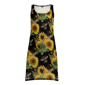 Платье-майка 3D с принтом Fashion Sunflowers and bees в Санкт-Петербурге, 100% полиэстер | полуприлегающий силуэт, широкие бретели, круглый вырез горловины, удлиненный подол сзади. | black | fashion | flowers | flowers lovers | sunflower | sunflowers | букет подсолнухов | весенние подсолнухи | жёлтые подсолнухи | летние подсолнухи | летние цветы | насекомые | подсолнечник | подсолнухи