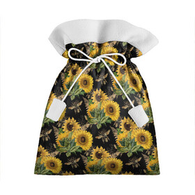 Подарочный 3D мешок с принтом Fashion Sunflowers and bees в Санкт-Петербурге, 100% полиэстер | Размер: 29*39 см | black | fashion | flowers | flowers lovers | sunflower | sunflowers | букет подсолнухов | весенние подсолнухи | жёлтые подсолнухи | летние подсолнухи | летние цветы | насекомые | подсолнечник | подсолнухи