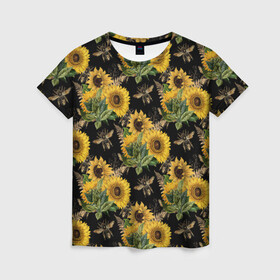 Женская футболка 3D с принтом Fashion Sunflowers and bees в Санкт-Петербурге, 100% полиэфир ( синтетическое хлопкоподобное полотно) | прямой крой, круглый вырез горловины, длина до линии бедер | Тематика изображения на принте: black | fashion | flowers | flowers lovers | sunflower | sunflowers | букет подсолнухов | весенние подсолнухи | жёлтые подсолнухи | летние подсолнухи | летние цветы | насекомые | подсолнечник | подсолнухи