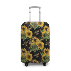 Чехол для чемодана 3D с принтом Fashion Sunflowers and bees в Санкт-Петербурге, 86% полиэфир, 14% спандекс | двустороннее нанесение принта, прорези для ручек и колес | black | fashion | flowers | flowers lovers | sunflower | sunflowers | букет подсолнухов | весенние подсолнухи | жёлтые подсолнухи | летние подсолнухи | летние цветы | насекомые | подсолнечник | подсолнухи