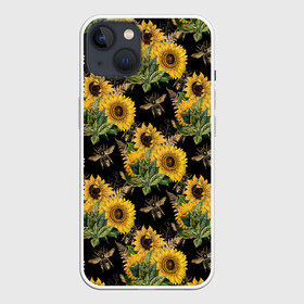 Чехол для iPhone 13 с принтом Fashion Sunflowers and bees в Санкт-Петербурге,  |  | black | fashion | flowers | flowers lovers | sunflower | sunflowers | букет подсолнухов | весенние подсолнухи | жёлтые подсолнухи | летние подсолнухи | летние цветы | насекомые | подсолнечник | подсолнухи