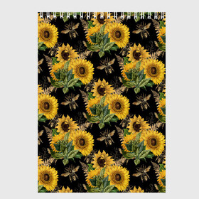 Скетчбук с принтом Fashion Sunflowers and bees в Санкт-Петербурге, 100% бумага
 | 48 листов, плотность листов — 100 г/м2, плотность картонной обложки — 250 г/м2. Листы скреплены сверху удобной пружинной спиралью | black | fashion | flowers | flowers lovers | sunflower | sunflowers | букет подсолнухов | весенние подсолнухи | жёлтые подсолнухи | летние подсолнухи | летние цветы | насекомые | подсолнечник | подсолнухи