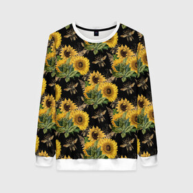 Женский свитшот 3D с принтом Fashion Sunflowers and bees в Санкт-Петербурге, 100% полиэстер с мягким внутренним слоем | круглый вырез горловины, мягкая резинка на манжетах и поясе, свободная посадка по фигуре | black | fashion | flowers | flowers lovers | sunflower | sunflowers | букет подсолнухов | весенние подсолнухи | жёлтые подсолнухи | летние подсолнухи | летние цветы | насекомые | подсолнечник | подсолнухи