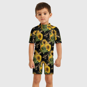 Детский купальный костюм 3D с принтом Fashion Sunflowers and bees в Санкт-Петербурге, Полиэстер 85%, Спандекс 15% | застежка на молнии на спине | black | fashion | flowers | flowers lovers | sunflower | sunflowers | букет подсолнухов | весенние подсолнухи | жёлтые подсолнухи | летние подсолнухи | летние цветы | насекомые | подсолнечник | подсолнухи