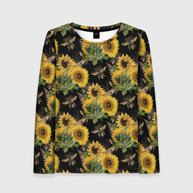 Женский лонгслив 3D с принтом Fashion Sunflowers and bees в Санкт-Петербурге, 100% полиэстер | длинные рукава, круглый вырез горловины, полуприлегающий силуэт | black | fashion | flowers | flowers lovers | sunflower | sunflowers | букет подсолнухов | весенние подсолнухи | жёлтые подсолнухи | летние подсолнухи | летние цветы | насекомые | подсолнечник | подсолнухи