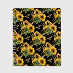 Тетрадь с принтом Fashion Sunflowers and bees в Санкт-Петербурге, 100% бумага | 48 листов, плотность листов — 60 г/м2, плотность картонной обложки — 250 г/м2. Листы скреплены сбоку удобной пружинной спиралью. Уголки страниц и обложки скругленные. Цвет линий — светло-серый
 | black | fashion | flowers | flowers lovers | sunflower | sunflowers | букет подсолнухов | весенние подсолнухи | жёлтые подсолнухи | летние подсолнухи | летние цветы | насекомые | подсолнечник | подсолнухи
