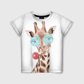 Детская футболка 3D с принтом Жираф в очках в Санкт-Петербурге, 100% гипоаллергенный полиэфир | прямой крой, круглый вырез горловины, длина до линии бедер, чуть спущенное плечо, ткань немного тянется | Тематика изображения на принте: животные | жираф | звери | конфета | очки | чупа чупс
