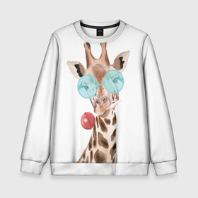 Детский свитшот 3D с принтом Жираф в очках в Санкт-Петербурге, 100% полиэстер | свободная посадка, прямой крой, мягкая тканевая резинка на рукавах и понизу свитшота | Тематика изображения на принте: животные | жираф | звери | конфета | очки | чупа чупс