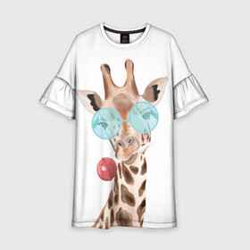 Детское платье 3D с принтом Жираф в очках в Санкт-Петербурге, 100% полиэстер | прямой силуэт, чуть расширенный к низу. Круглая горловина, на рукавах — воланы | Тематика изображения на принте: животные | жираф | звери | конфета | очки | чупа чупс