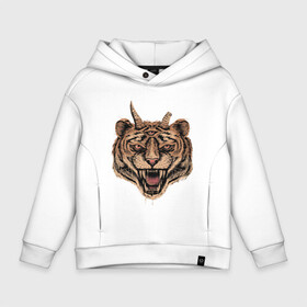 Детское худи Oversize хлопок с принтом Evil Tiger в Санкт-Петербурге, френч-терри — 70% хлопок, 30% полиэстер. Мягкий теплый начес внутри —100% хлопок | боковые карманы, эластичные манжеты и нижняя кромка, капюшон на магнитной кнопке | Тематика изображения на принте: животные | зло | рога | тигр | третий глаз