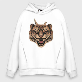 Мужское худи Oversize хлопок с принтом Evil Tiger в Санкт-Петербурге, френч-терри — 70% хлопок, 30% полиэстер. Мягкий теплый начес внутри —100% хлопок | боковые карманы, эластичные манжеты и нижняя кромка, капюшон на магнитной кнопке | Тематика изображения на принте: животные | зло | рога | тигр | третий глаз