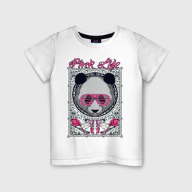 Детская футболка хлопок с принтом PINK LIFE в Санкт-Петербурге, 100% хлопок | круглый вырез горловины, полуприлегающий силуэт, длина до линии бедер | black | fashion | girl | life | panda | pink | roses | text | white | женский | жизнь | лето | мода | очки | панда | розовый | розы | стиль | узор