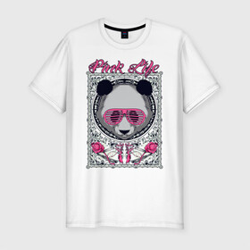 Мужская футболка хлопок Slim с принтом PINK LIFE в Санкт-Петербурге, 92% хлопок, 8% лайкра | приталенный силуэт, круглый вырез ворота, длина до линии бедра, короткий рукав | black | fashion | girl | life | panda | pink | roses | text | white | женский | жизнь | лето | мода | очки | панда | розовый | розы | стиль | узор