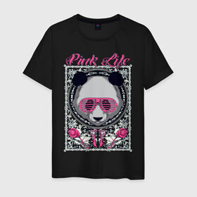 Мужская футболка хлопок с принтом PINK LIFE в Санкт-Петербурге, 100% хлопок | прямой крой, круглый вырез горловины, длина до линии бедер, слегка спущенное плечо. | black | fashion | girl | life | panda | pink | roses | text | white | женский | жизнь | лето | мода | очки | панда | розовый | розы | стиль | узор