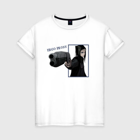 Женская футболка хлопок с принтом Риэл Мэйер (Эрго Прокси) в Санкт-Петербурге, 100% хлопок | прямой крой, круглый вырез горловины, длина до линии бедер, слегка спущенное плечо | ergo proxy | аниме | надпись | пистолет | риэл мэйер | черные волосы